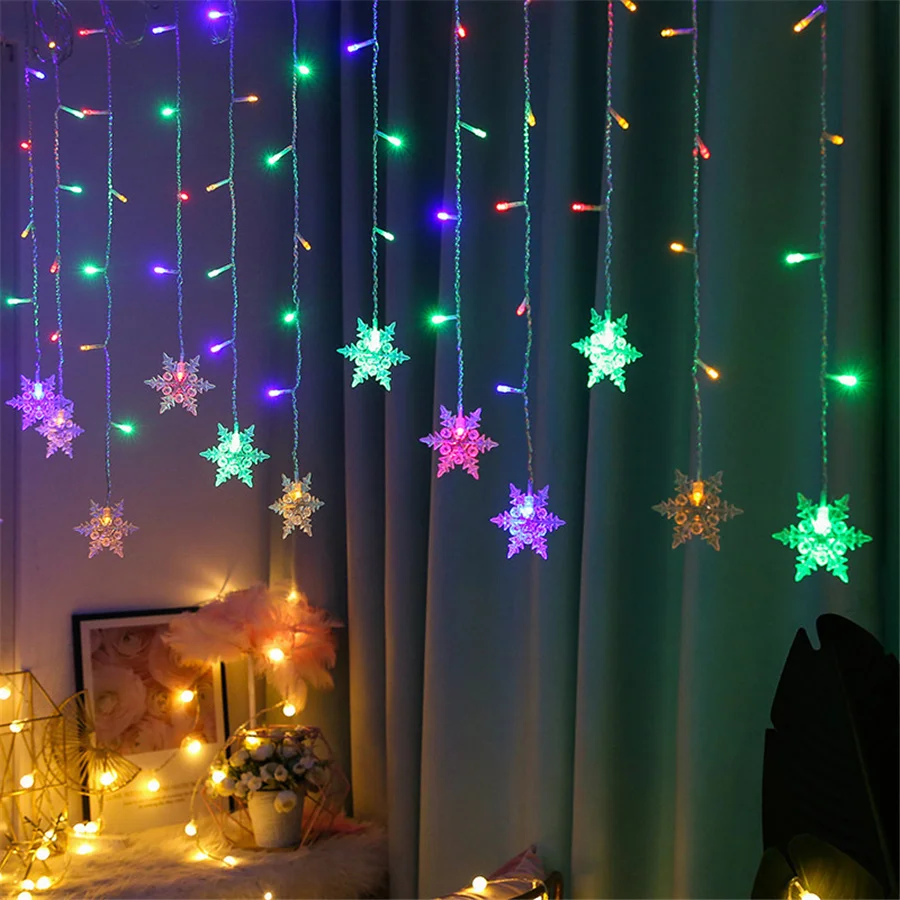 

2024 New Year Christmas Decoration Curtain Snowflake LED Fairy String Light Flashing Garland Lamp Waterproof Outdoor Party Light