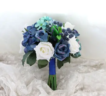 

2020 Hot Wedding Bouquet Succulent Plants Green Artificial Bridal Bouquets Women Bouquet De Mariage White Roses and Blue Berries
