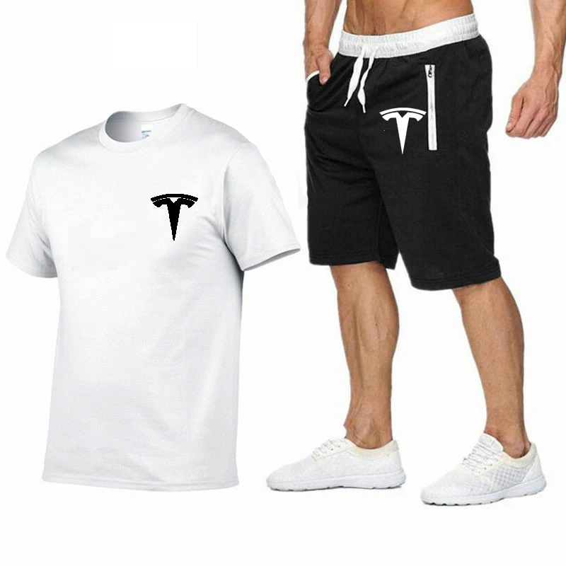 2020 Tesla logo хлопковая Футболка с круглым вырезом + шорты Модный хлопковый костюм из двух предметов буквенным