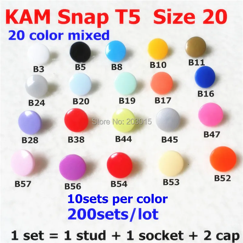 

Chenkai 200sets T5 Size 20 KAM Plastic Resin Snaps Buttons fasterners for DIY Garments Sewing Craft Cloth Bib Diaper (20 color)