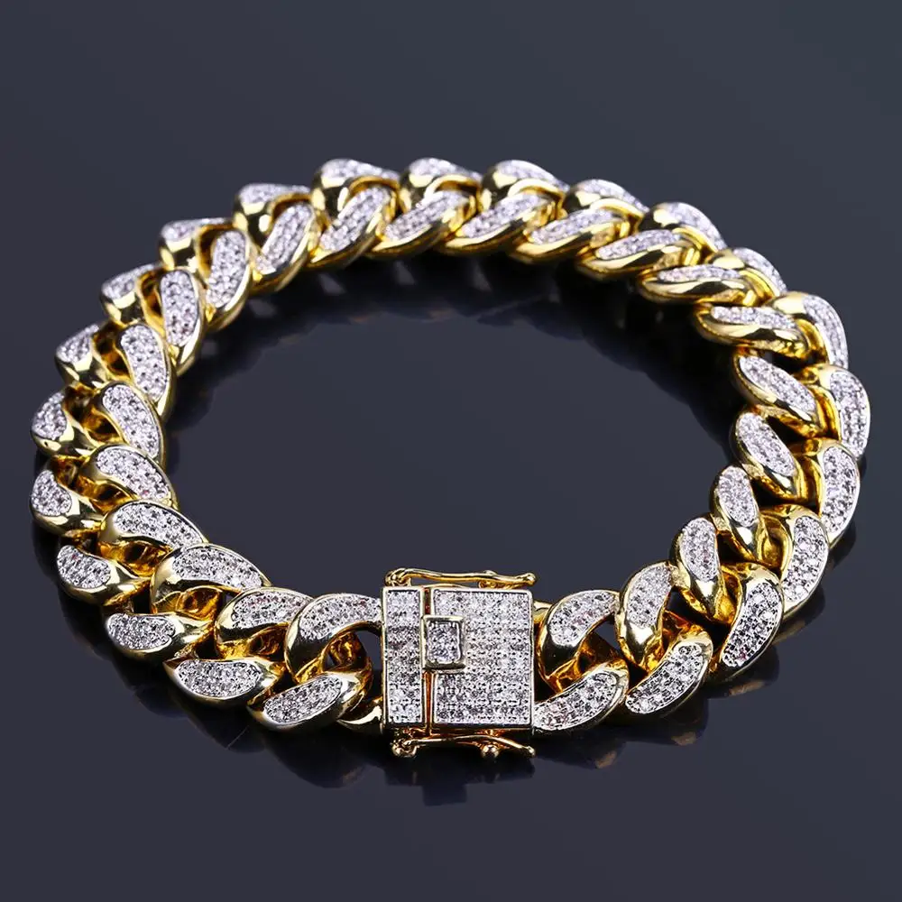 

14mm Full AAA+ CZ Zircon Paved Bling Ice Out Cuban Miami Curb Link Chain Bracelets for Men Rapper Jewelry Gold Silver Color