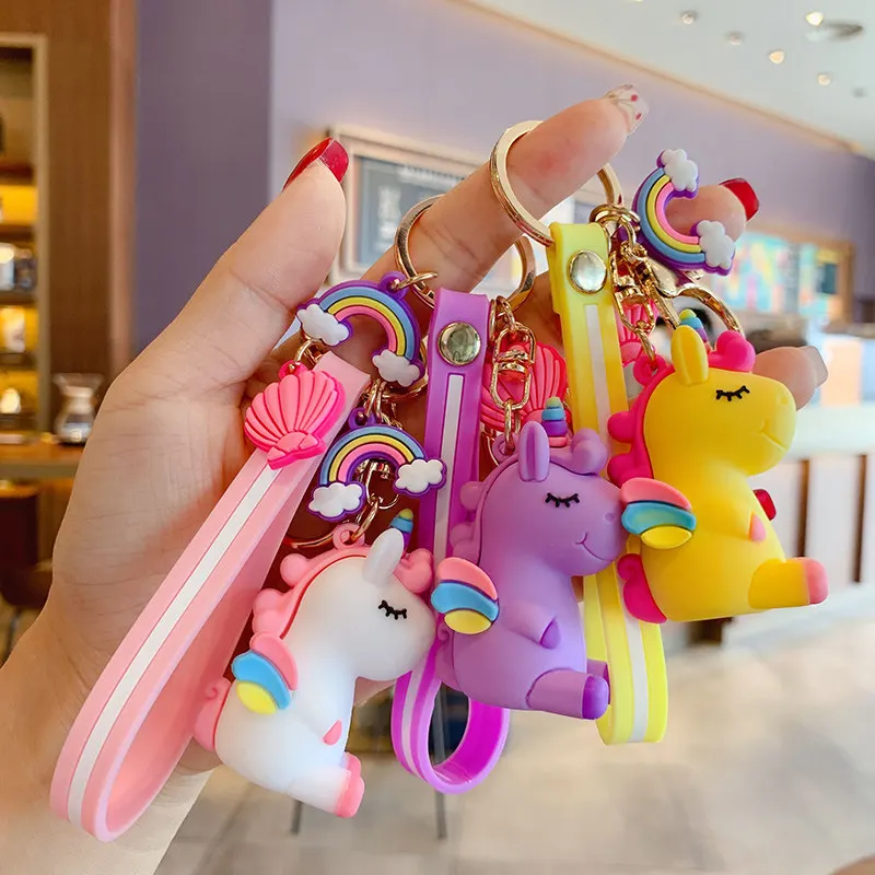 

For Grils cute Unicorn keychains 5 colors Cartoon Keychain rainbow shell Pendant Kids Toy keyring women Bag key holder Gifts