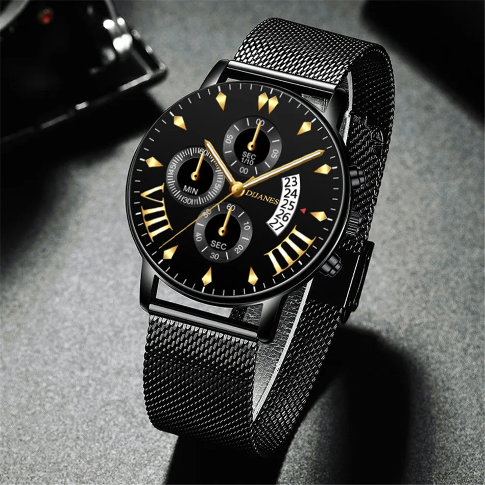 Classic Business Men Watch Fashion Luxury watches stainless Steel mesh calendar Date Gold Quartz Wristwatch relogio feminino