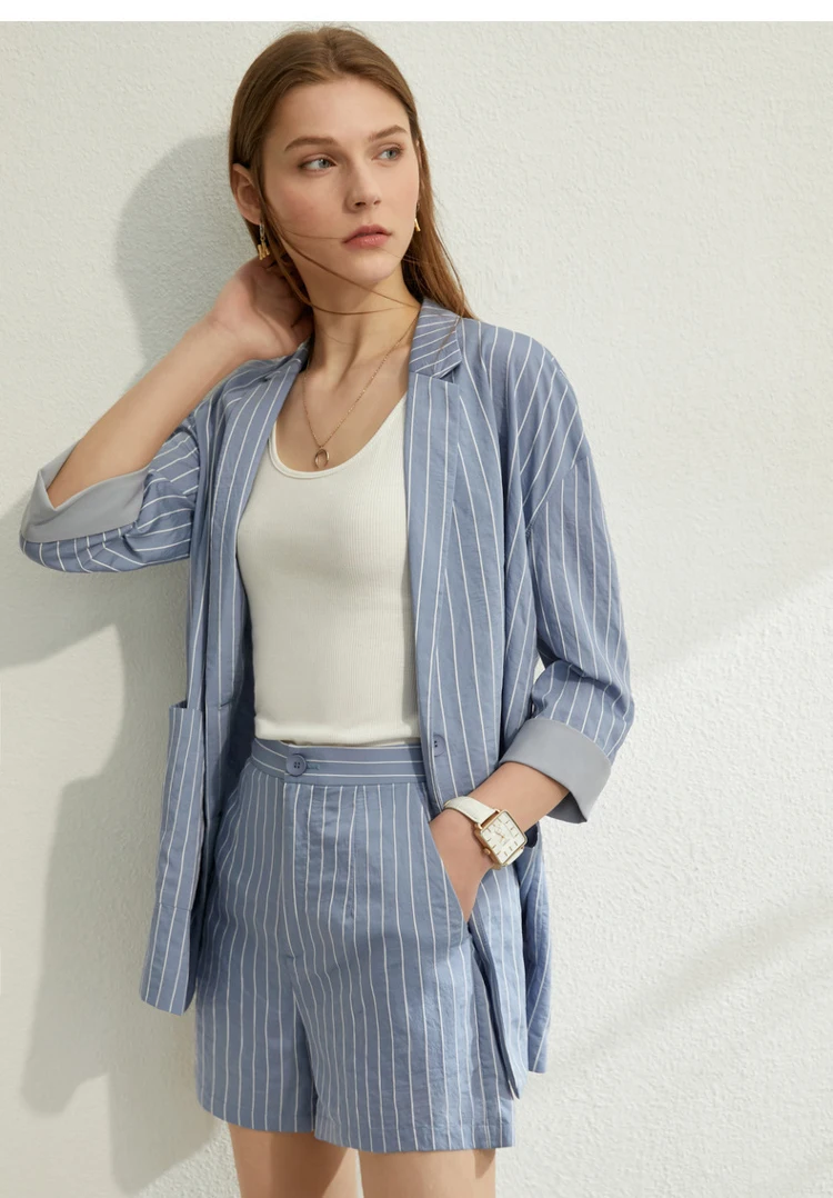 AMII Minimalism Spring Summer Suit Set Lapel Stripe Three Quarter Sleeves Suit Coat High Waist Shorts 12030238
