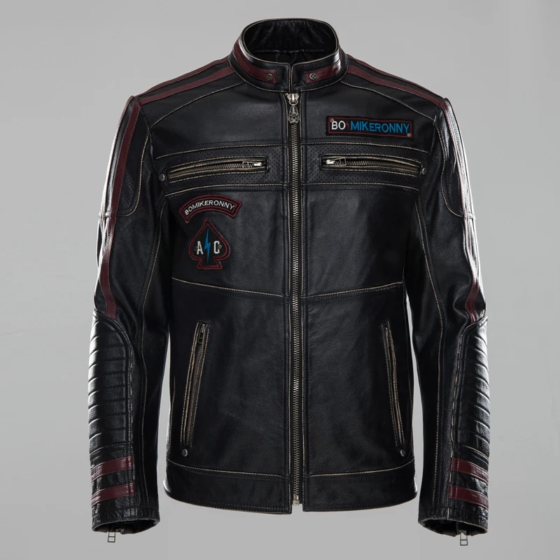Фото 2020 Новая мужская черная окантовка мотоциклетная кожаная куртка модная верхняя