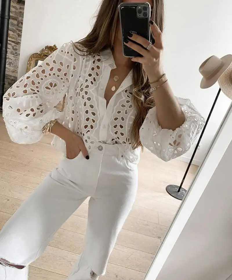 Boho Inspired white hollow out cotton womens tops long sleeve shirt women chic turn-down collar sexy blouses shrits for women 8 H582244a1bc674565b0484e8b675e8d50j