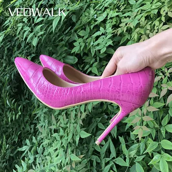 

Veowalk Hot Pink Embrossed Crocodile Pattern Women Sexy High Heels Brand Ladies Pointed Toe Stilettos Pumps Slip-on Party Shoes
