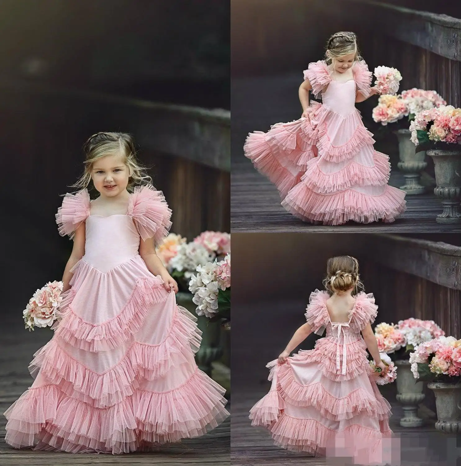 

Lovely Flower Girls Dresses For Weddings Jewel Neck Pink Bow Tiered Sweep Train Birthday Children Girl Pageant Gown