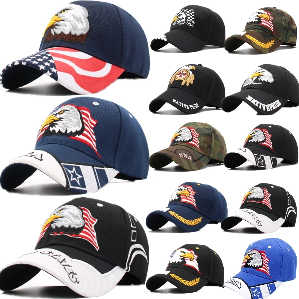 Black USA American Eagle Flag Star Embroidered Ball Cap Hat Patriotic Strap Back