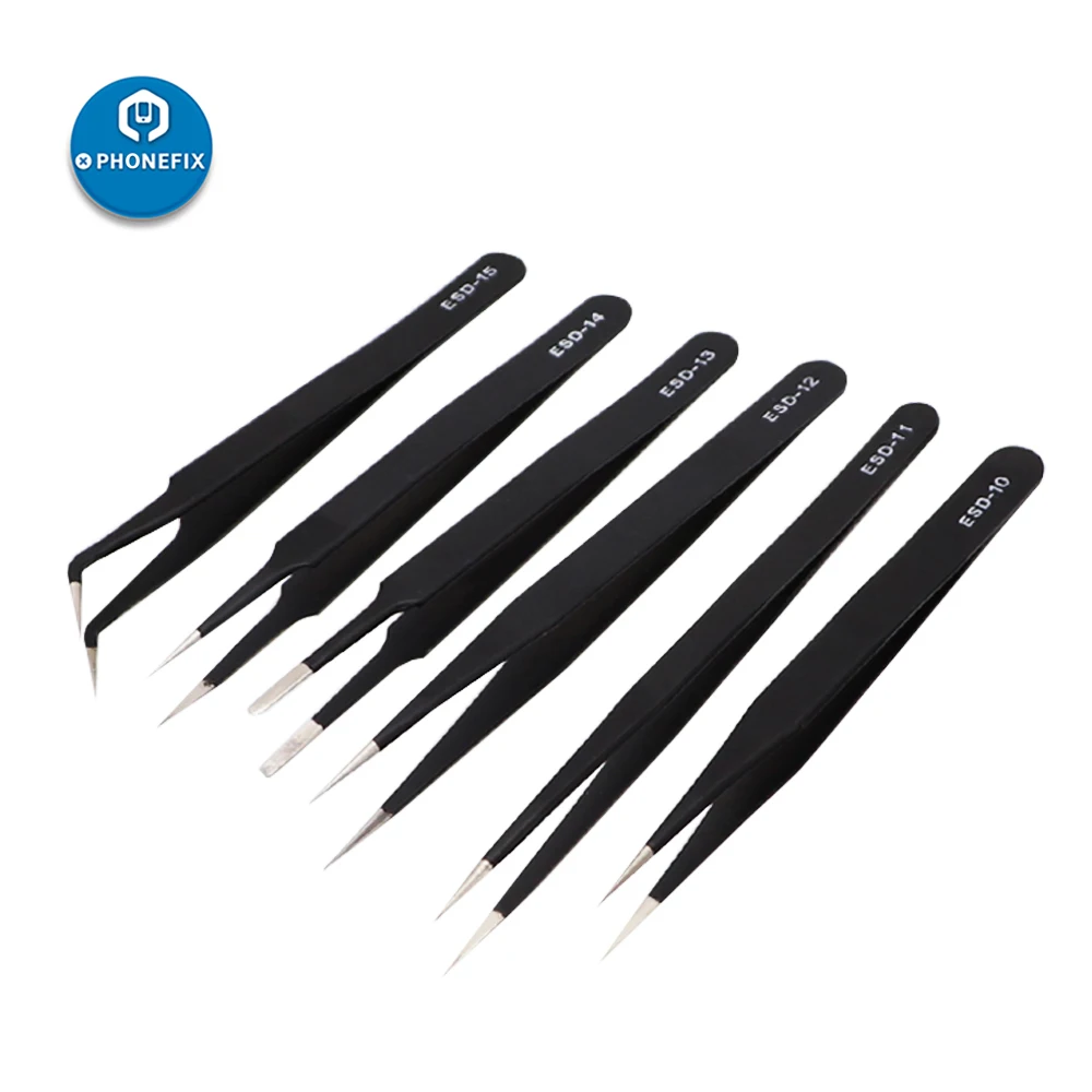 PHONEFIX 6Pcs Anti-static ESD Stainless Steel Tweezers Set Cell Phone Repair Tools Precision Curved Straight Industrial Tweezers
PHONEFIX 6Pcs Anti-static ESD Stainless Steel Tweezers Set Cell Phone Repair Tools Precision Curved Straight Industrial Tweezers