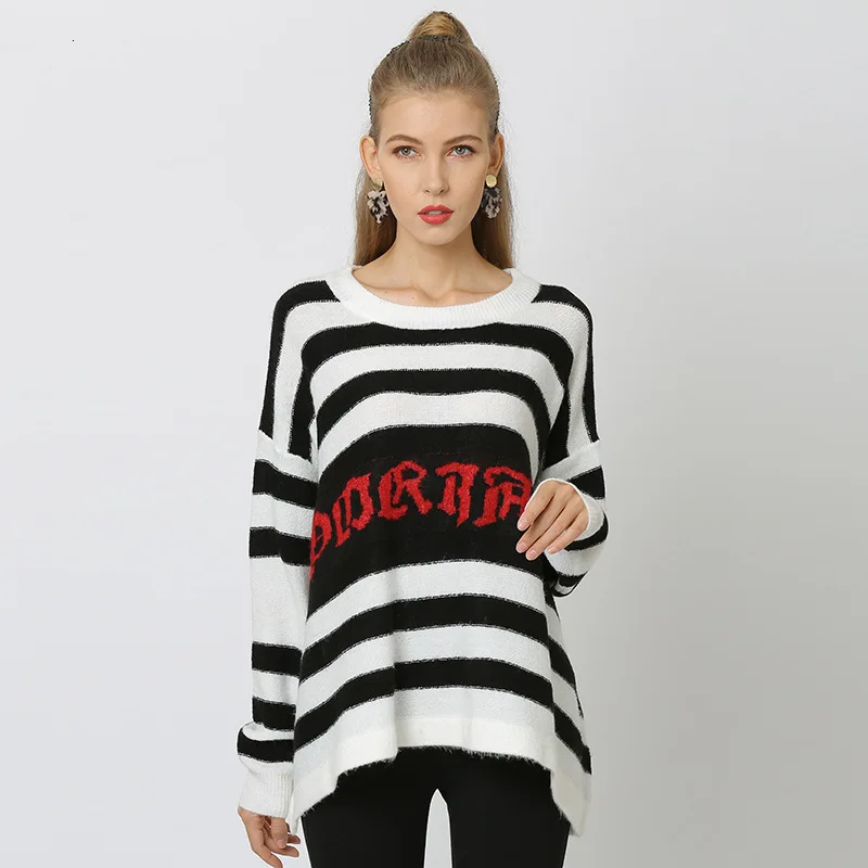 Sweater Woman Letter Printed Loose Ladies Knitting Jumpers Round Neck Bat Sleeve Female Striped Pullovers Swetry Damskie 2020
Sweater Woman Letter Printed Loose Ladies Knitting Jumpers Round Neck Bat Sleeve Female Striped Pullovers Swetry Damskie 2020