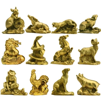 

Twelve Chinese Zodiac Figurines Signs Golden Brass Animal Statues Mascot Lucky Fengshui Ornament for Desktop Shelf Display Decor