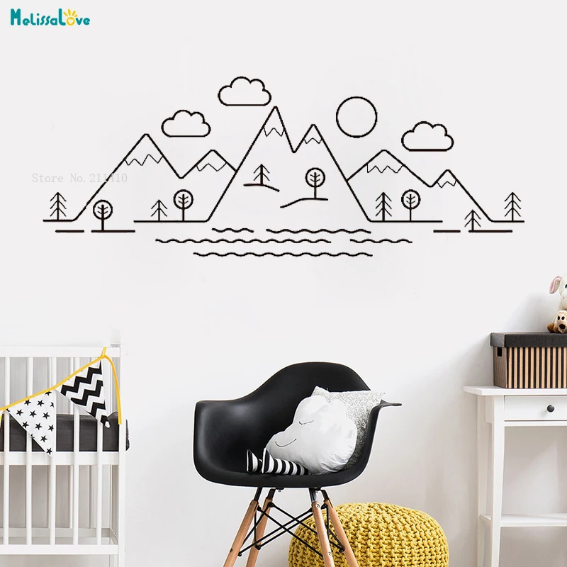 Mountain Scene Wall Decals Art Mountains Trees Vinyl Sticker Removable Home Decor Kids Baby Room Nursery Clouds Murals YT2109 | Дом и сад