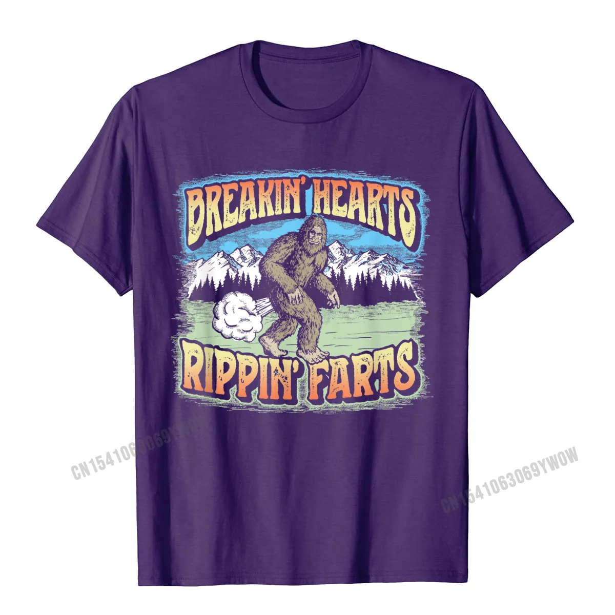 Fitness Tight Summer Mens Top T-shirts High Quality Summer Fall Short Sleeve Round Neck 100% Cotton Fabric Tees Tee-Shirts Breakin Hearts Rippin Farts Funny Sasquatch Bigfoot 80s T-Shirt__151 purple