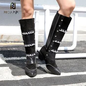 Prova Perfetto Winter Pleated Design Knee High Boots Rivet Pointed Toe Chunky Heel Chelsea Boots Lace Ruffles Women Boots 
Prova Perfetto Winter Pleated Design Knee High Boots Rivet Pointed Toe Chunky Heel Chelsea Boots Lace Ruffles Women Boots