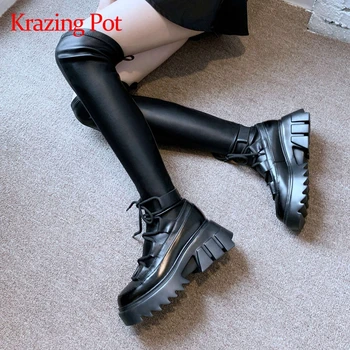 Krazing pot new genuine leather round toe thick bottom winter shoes classic colors young lady streetwear over-the-knee boots L43 
Krazing pot new genuine leather round toe thick bottom winter shoes classic colors young lady streetwear over-the-knee boots L43