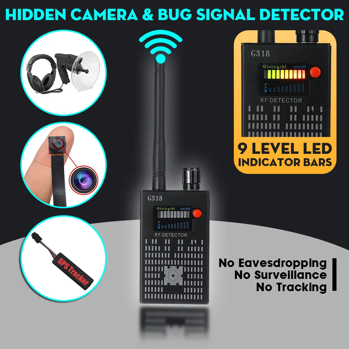Dual Antenna Wireless Signal Bug Detector Anti-Spy Bug Detector GPS Location Dual antenna Finder-Tracker Frequency Scan Security