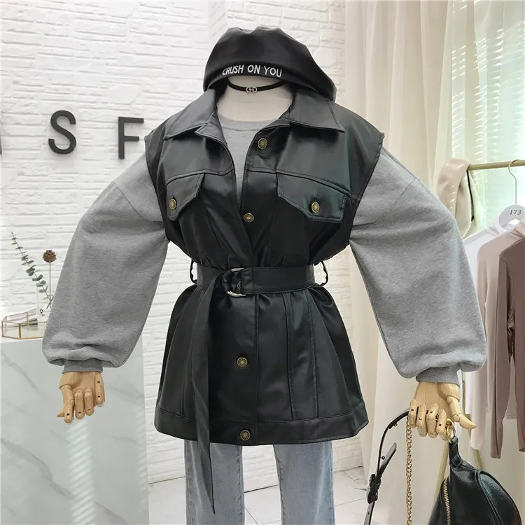 Retro Single-row Button PU Leather Vest with Loose Sweatshirt Two Piece Set Women Students Loose Sleeveless Vest Jacket Set
Retro Single-row Button PU Leather Vest with Loose Sweatshirt Two Piece Set Women Students Loose Sleeveless Vest Jacket Set