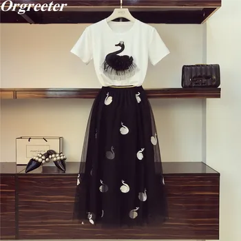 Appliques Beading Embroidery Swan T-shirt Long Mesh Skirt 2 Piece Sets 2020 Summer New Cotton Tops Pleated Tulle Skirt Suits
Appliques Beading Embroidery Swan T-shirt Long Mesh Skirt 2 Piece Sets 2020 Summer New Cotton Tops Pleated Tulle Skirt Suits