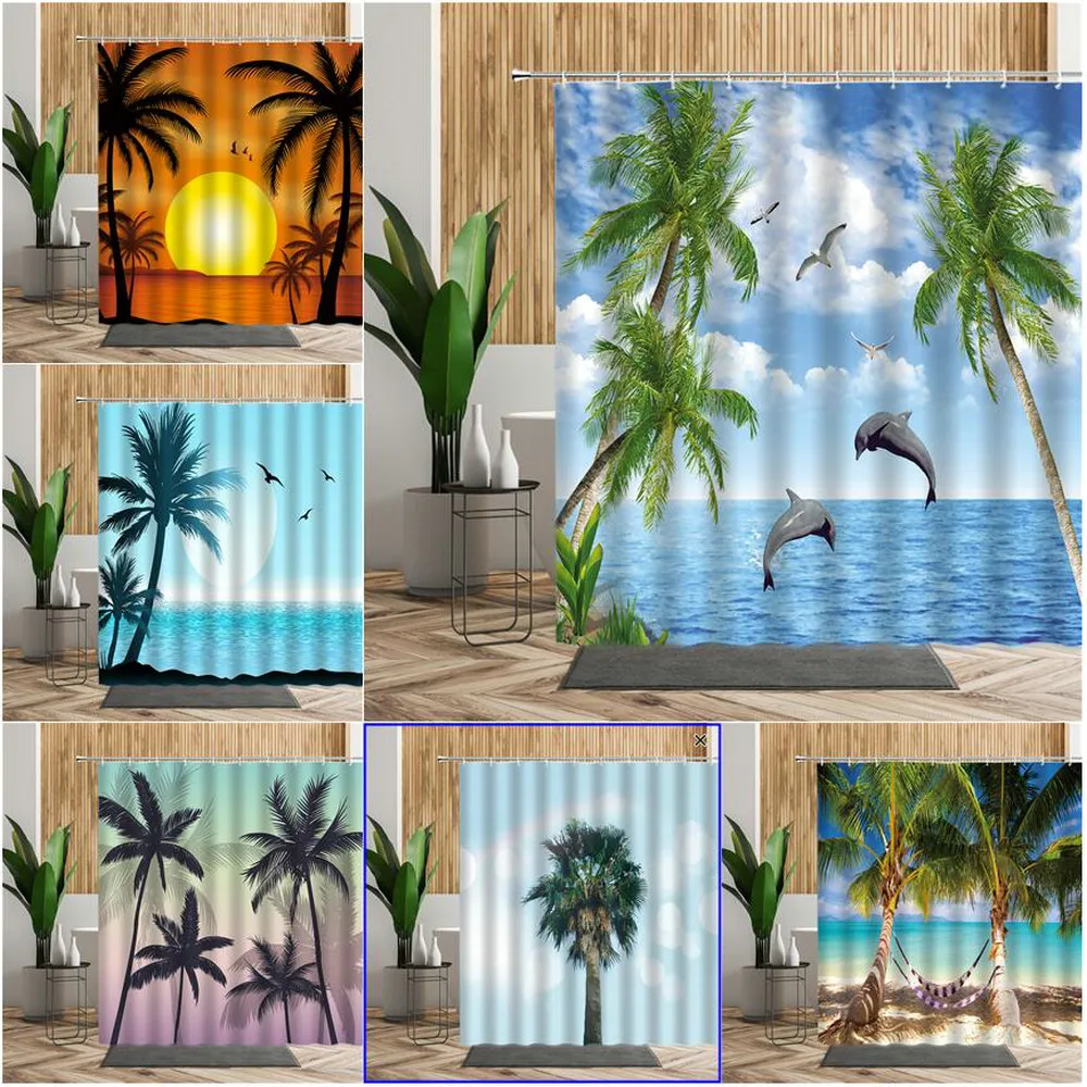 

Summer Coastal Landscape Waterproof Shower Curtain Beach Coconut tree Ocean Background Bathtub Decoration Screen Bath Curtains