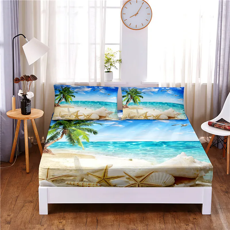 

Coconut Tree Beach 3pc Polyester Solid Fitted Sheet Mattress Cover Four Corners With Elastic Band Bed Sheet(2 pillowcases)