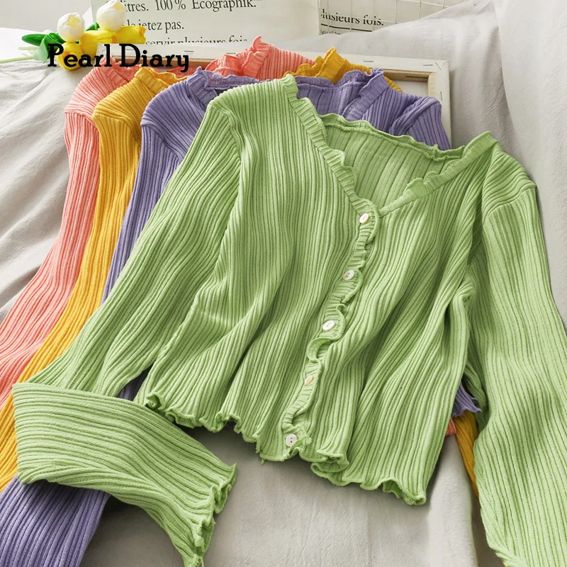 Pearl Diary Rib Crop Cardigans Candy Color Spring Autumn Long Sleeve V Neck Ruffle Edge Buttons Front Blouse Slim Fit Cute Tops 
Pearl Diary Rib Crop Cardigans Candy Color Spring Autumn Long Sleeve V Neck Ruffle Edge Buttons Front Blouse Slim Fit Cute Tops