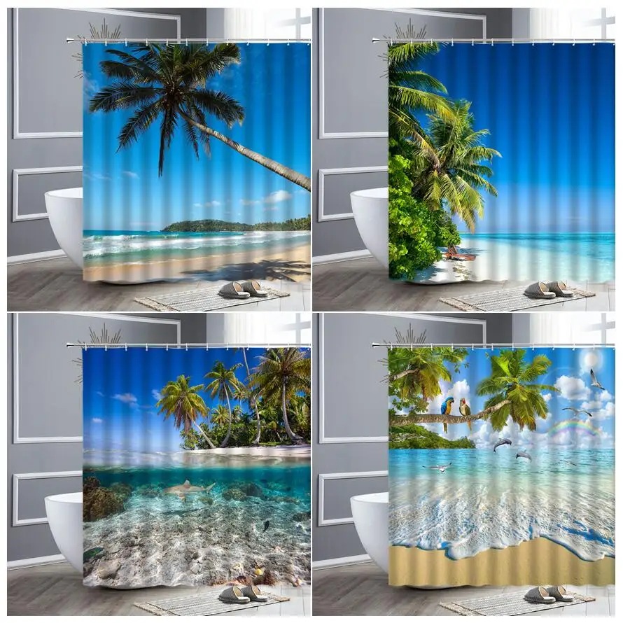 

Водонепроницаемая занавеска для душа, декоративная штора из полиэстера с изображением голубого неба, попугая, тропических растений, океанического пейзажа, для ванной комнаты