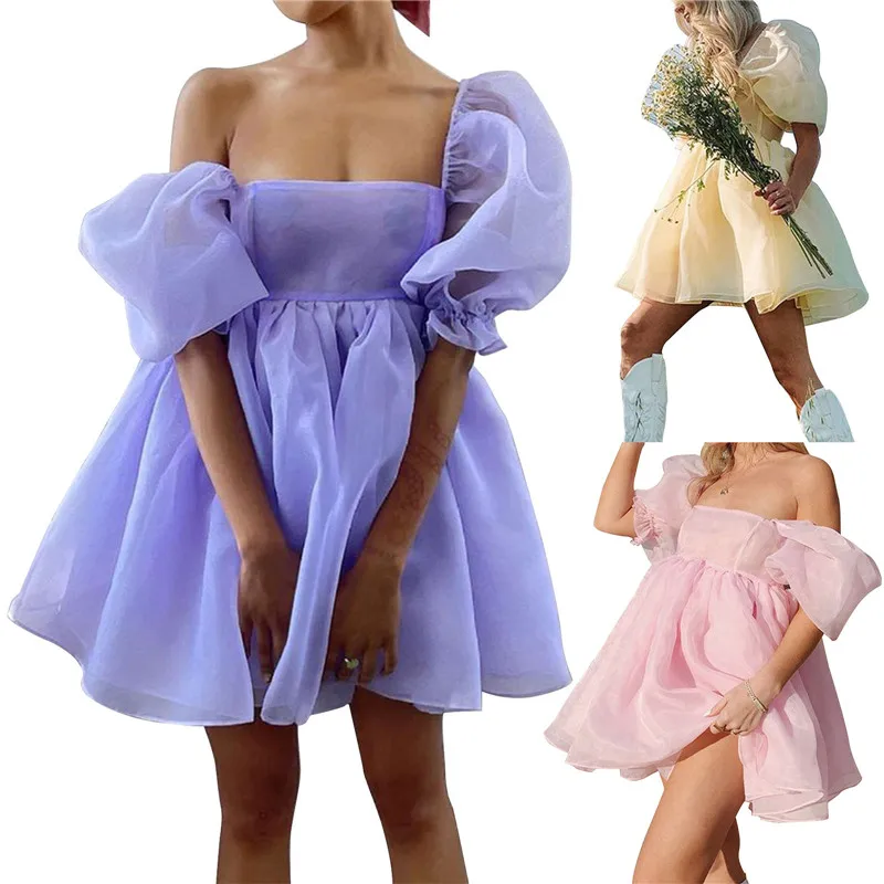 Женское мини-платье с открытыми плечами пышным рукавом Тюлевое платье принцессы