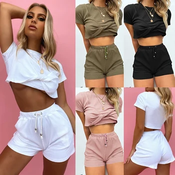 Women Short Sleeve Round Neck Short Sleeve Knot Front Crop Tops & Pockets Shorts Two-Piece Set 
Women Short Sleeve Round Neck Short Sleeve Knot Front Crop Tops & Pockets Shorts Two-Piece Set