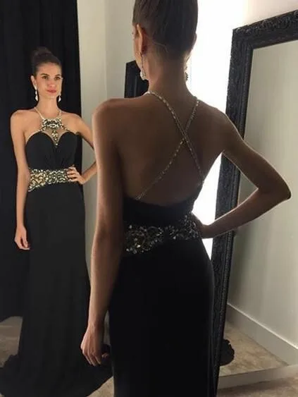 Sexy Halter A-Line Long Black Chiffon Evening Dress with Pockets Floor Length Criss-Cross Beaded Formal Party Dress for Women
Sexy Halter A-Line Long Black Chiffon Evening Dress with Pockets Floor Length Criss-Cross Beaded Formal Party Dress for Women