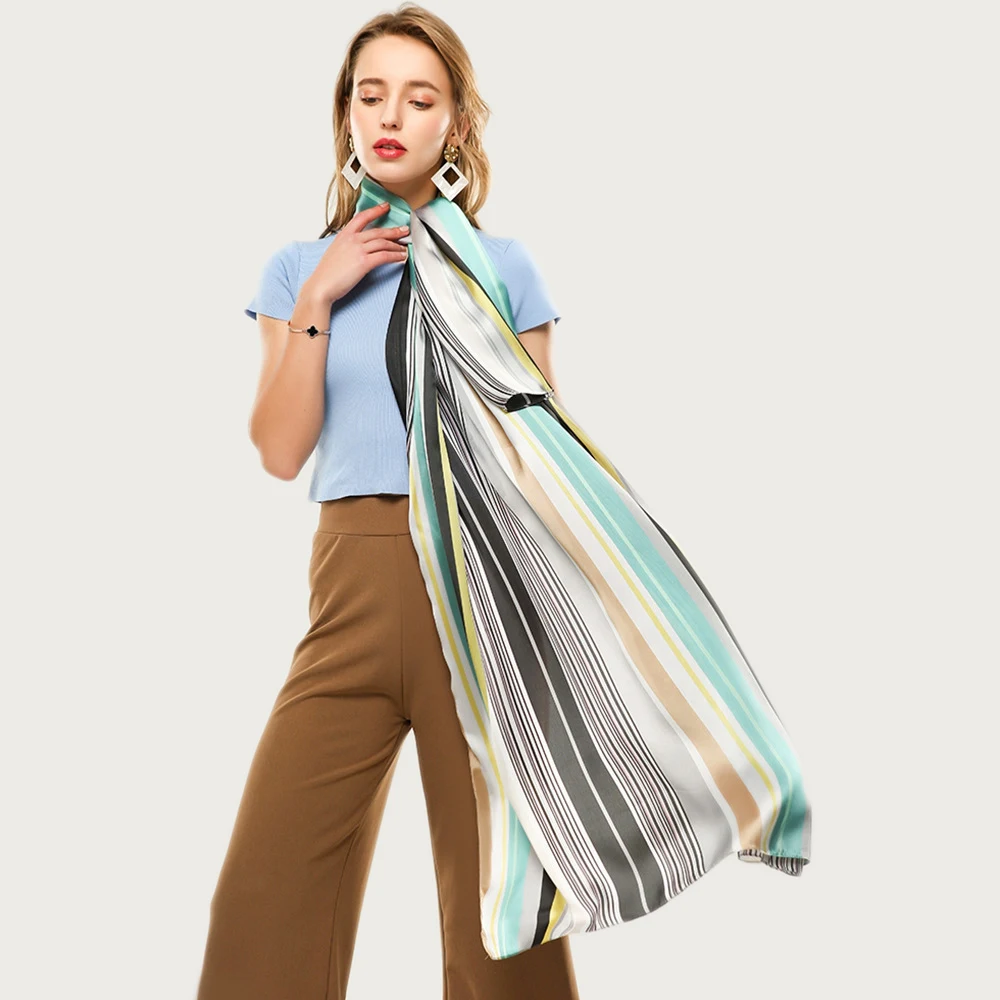 Фото Большой шелковый шарф в полоску шаль элегантный женский длинный - купить