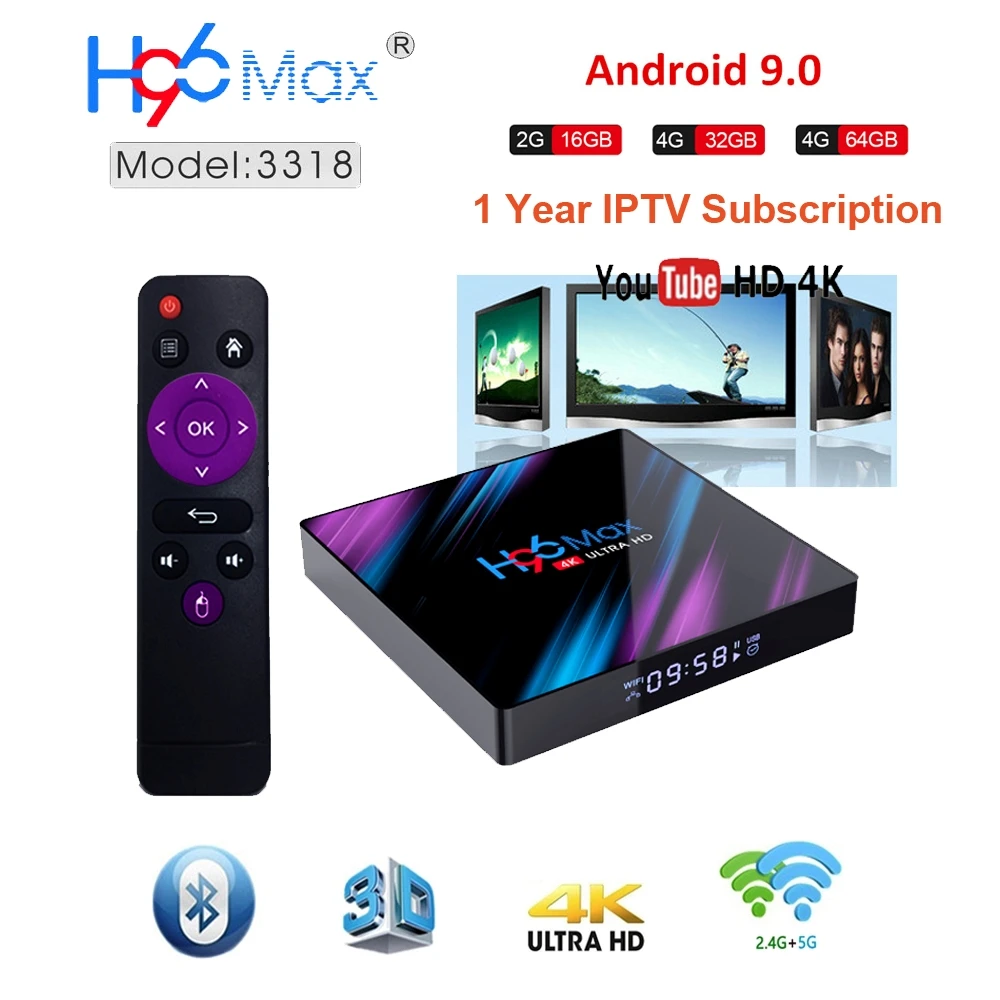 

H96 MAX Smart TV Box Android 9.0 4GB Ram 32GB/64GB Rom Rockchip RK3328 4K H.265 USB3.0 2.4Ghz WiFi IPTV subscription