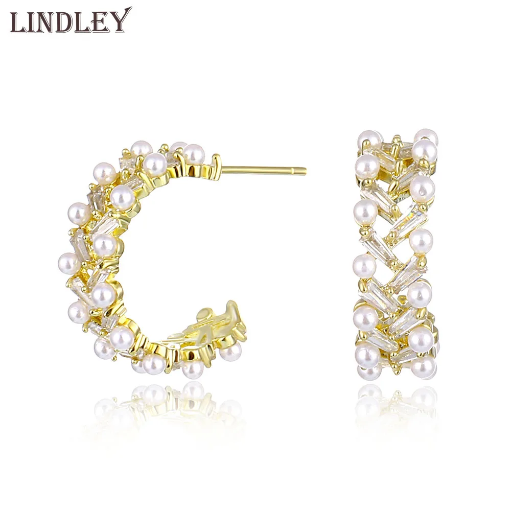 

LINDLEY Baroque Pearl Drop Earrings for Women Geometric Zircon gold Cutout weird stud earrings fashion jewelry 2020 korea style