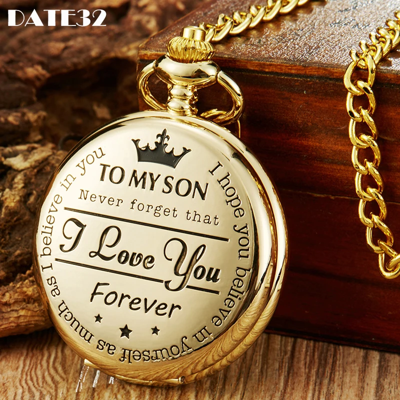 

To My Son I Love You Forever Gold Pendant Men Quartz Pocket Watch Fob Chain Clock Gifts for Kids Children's Day Birthday Present