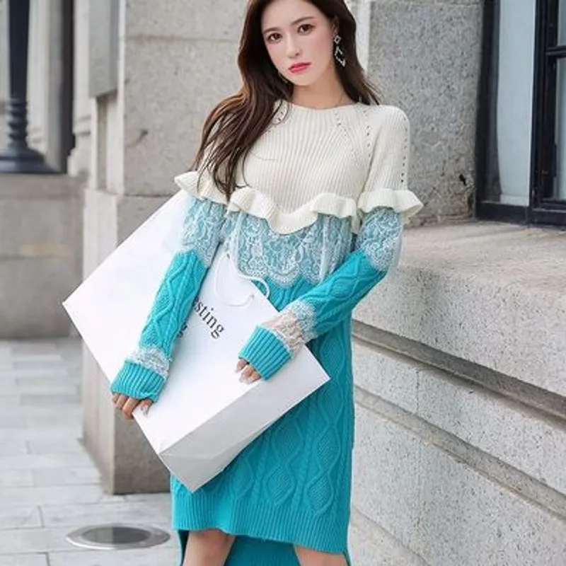Elegant Ruffles Sweater Dress Women 2019 Autumn Winter Hit Color Irregular Casual Lace Patchwork Knitted Female Dresses Vestidos
Elegant Ruffles Sweater Dress Women 2019 Autumn Winter Hit Color Irregular Casual Lace Patchwork Knitted Female Dresses Vestidos