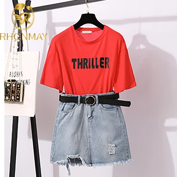 New Summer 2 Piece Set Fashion Women's Red Letters Print Girl Loose Long T-shirt + Jeans Tassel Hole Bodycon Skirt Sets
New Summer 2 Piece Set Fashion Women's Red Letters Print Girl Loose Long T-shirt + Jeans Tassel Hole Bodycon Skirt Sets