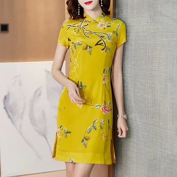 Chinese Style New Women Summer High Fashion Retro Improved Cheongsam 100% Real Silk Printed Frog Dress Ladies Split Qipao Dress 
Chinese Style New Women Summer High Fashion Retro Improved Cheongsam 100% Real Silk Printed Frog Dress Ladies Split Qipao Dress