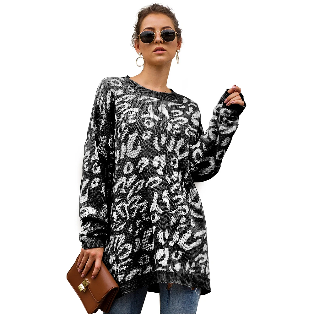 Женское трикотажное длинное пальто-свитер с леопардовым принтом повседневная