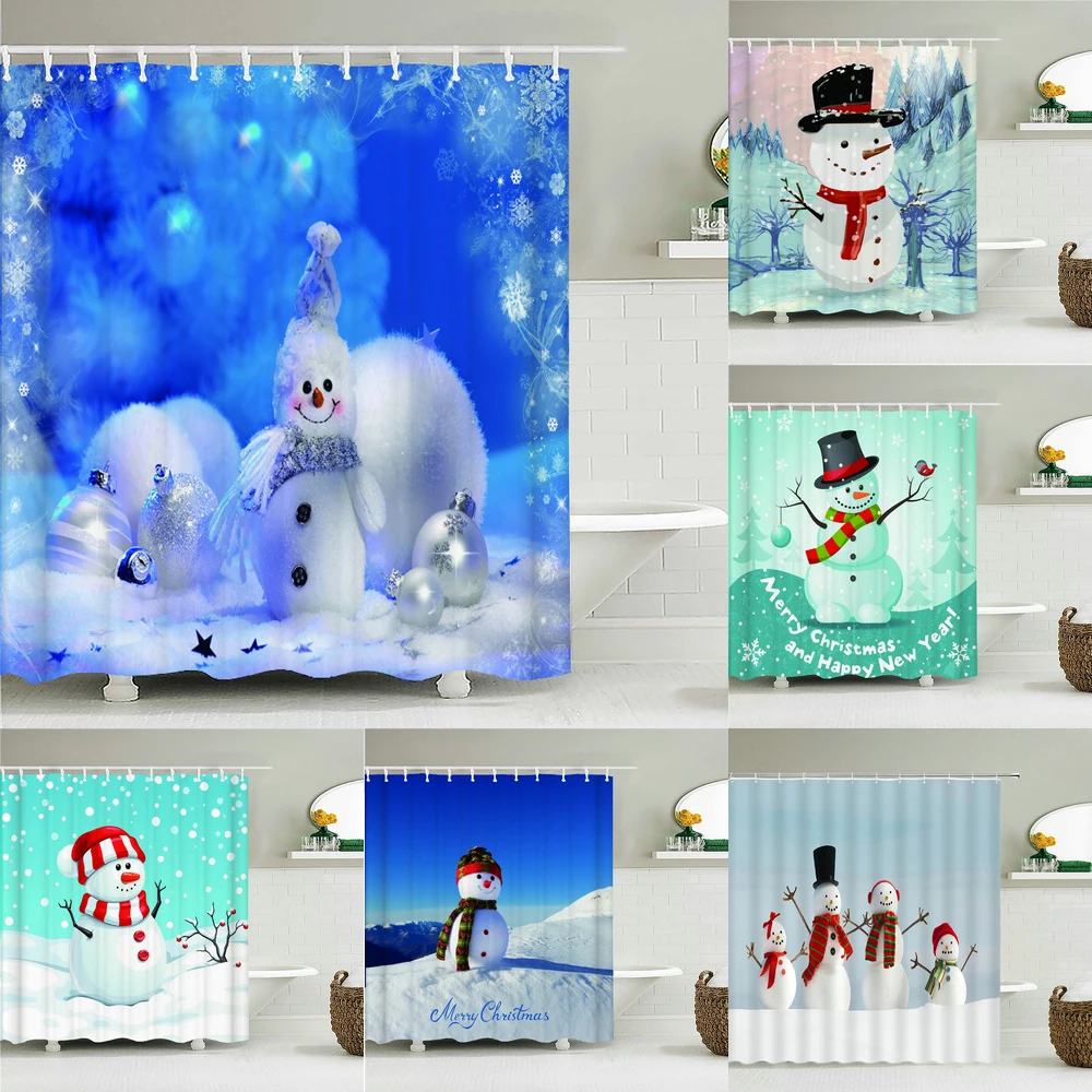 

Merry Christmas Snowman Santa Claus Snowflake Shower Curtains Bathroom Curtain Frabic Cartoon Xmas Decor Waterproof Bath Curtain