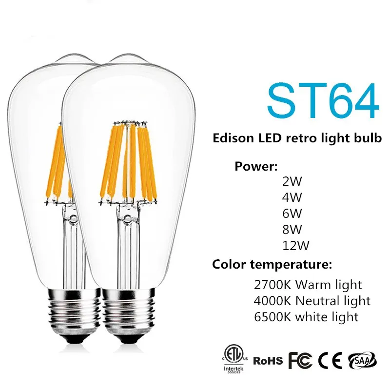 

E27 220V LED Retro Lamp 2W 4W 6W 8W 12W Edison Light Bulb st64 Vintage Decoration LED Filament Ampoule Incandescent Bulb