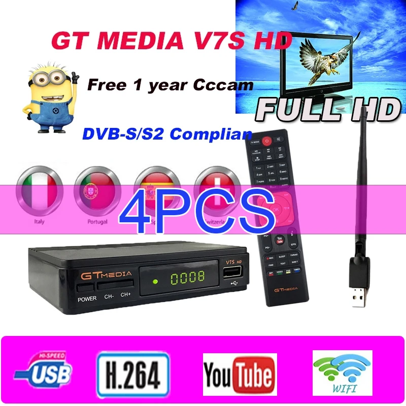 4pcs GTMedia V7s HD Satellite Receiver DVB-S2 H.265 Built-in WiFi with 1 Year Spain Europe Cccam v7s hd pk freesat v8 nove tvboX
4pcs GTMedia V7s HD Satellite Receiver DVB-S2 H.265 Built-in WiFi with 1 Year Spain Europe Cccam v7s hd pk freesat v8 nove tvboX