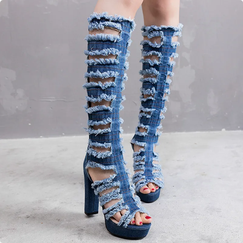 

Women shoes Gladiator Hole Denim Boots Over Knee High Heels Platform Peep Toe zipper Sexy ladies sandals zapatos de mujer N63W