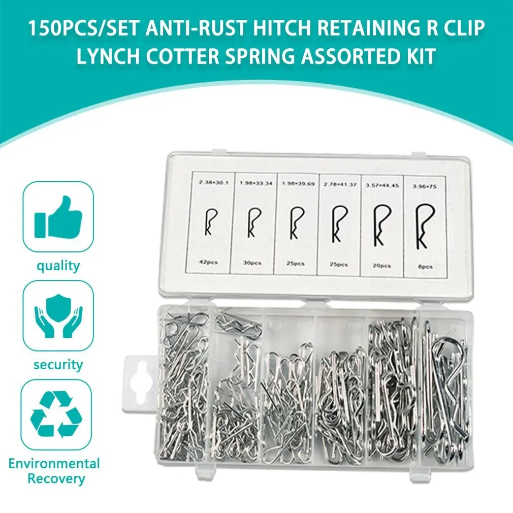150PCS/SET Anti-Rust Hair Pin Hitch Retaining R Clip Lynch Cotter Spring Assorted Kit Split Pins Set Fastener | Обустройство дома
