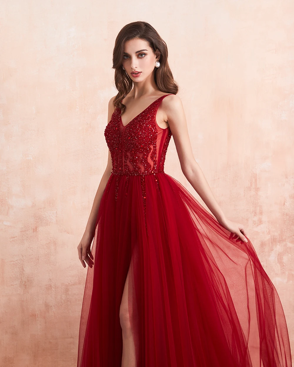 Beading Prom Dresses 2020 Long Sexy V-Neck High Split Tulle Sweep Train Sleeveless Evening Gown A-Line Backless Vestido De