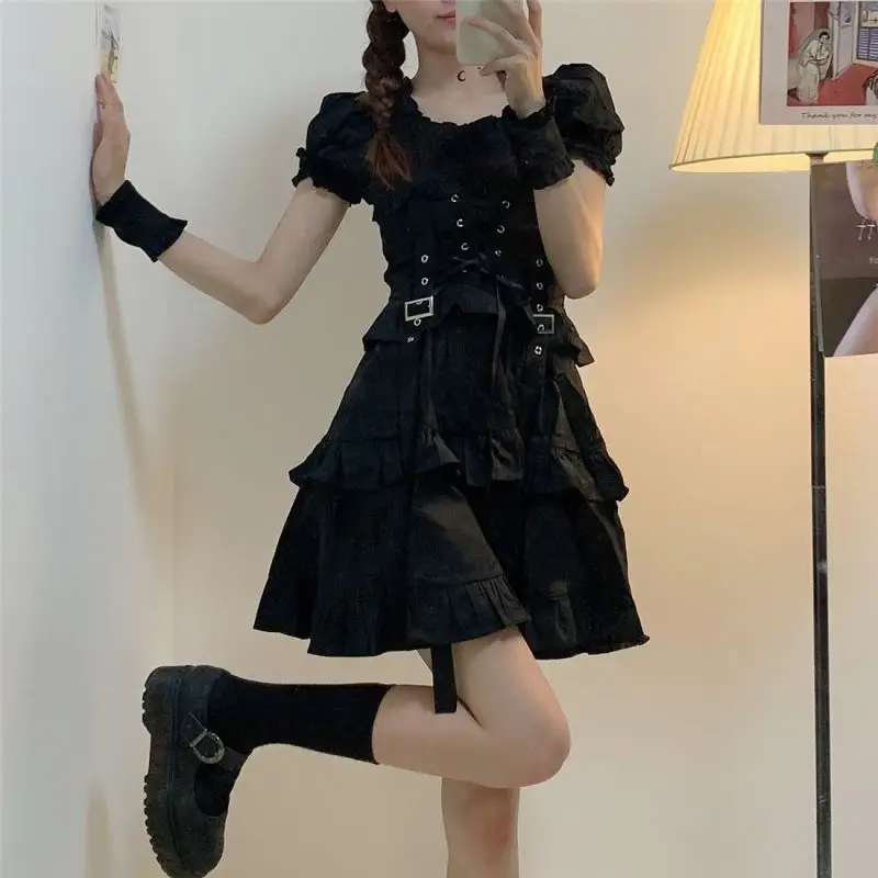 

QWEEK Women's Gothic Lolita Dress Gothic Punk Mall Goth Kawaii Cute Ruffle Bandage Black Mini Dress 2021 Emo Clothes Summer