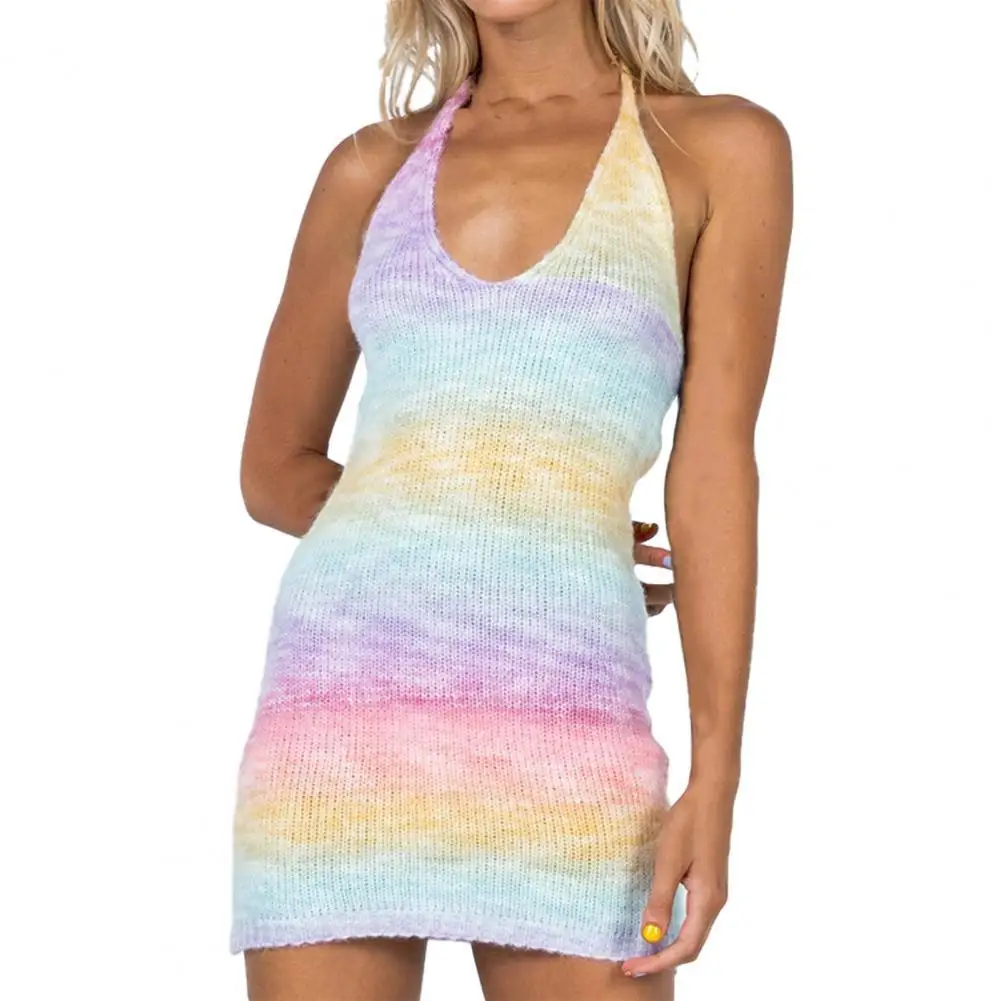 

Sexy Women Dress Outfit Halter Neck Backless Bandage Women Rainbow Buttocks Dress Streetwear Summer Party Vestidos