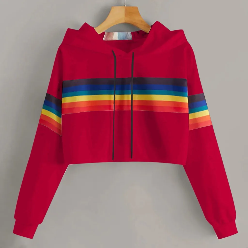Jaycosin 2019 Fashion Autumn Women Rainbow Stripe Sweatshirt Stylish Long Sleeve Comfortable Female Casual Crop Blouse 930#10