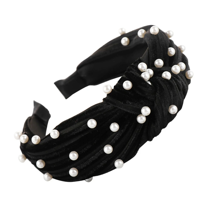 Bohemian Pearl Velvet Braided Headband For Women Rhinestone Knot Hairband Turban Handmade Padded Crown Accessories 1111