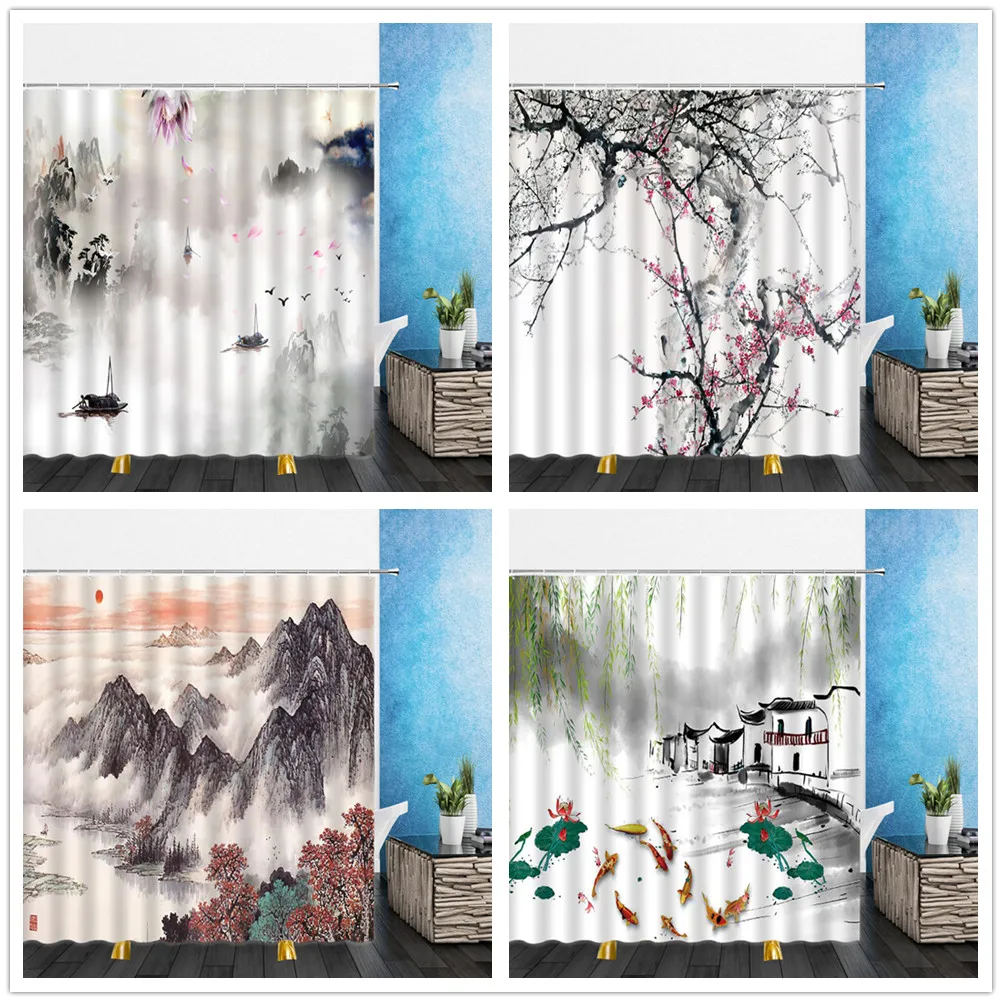

Chinese Style Landscape Shower Curtains Natural Four Seasons Painting 3D Bathroom Home Decor Waterproof Polyester Cloth Curtain