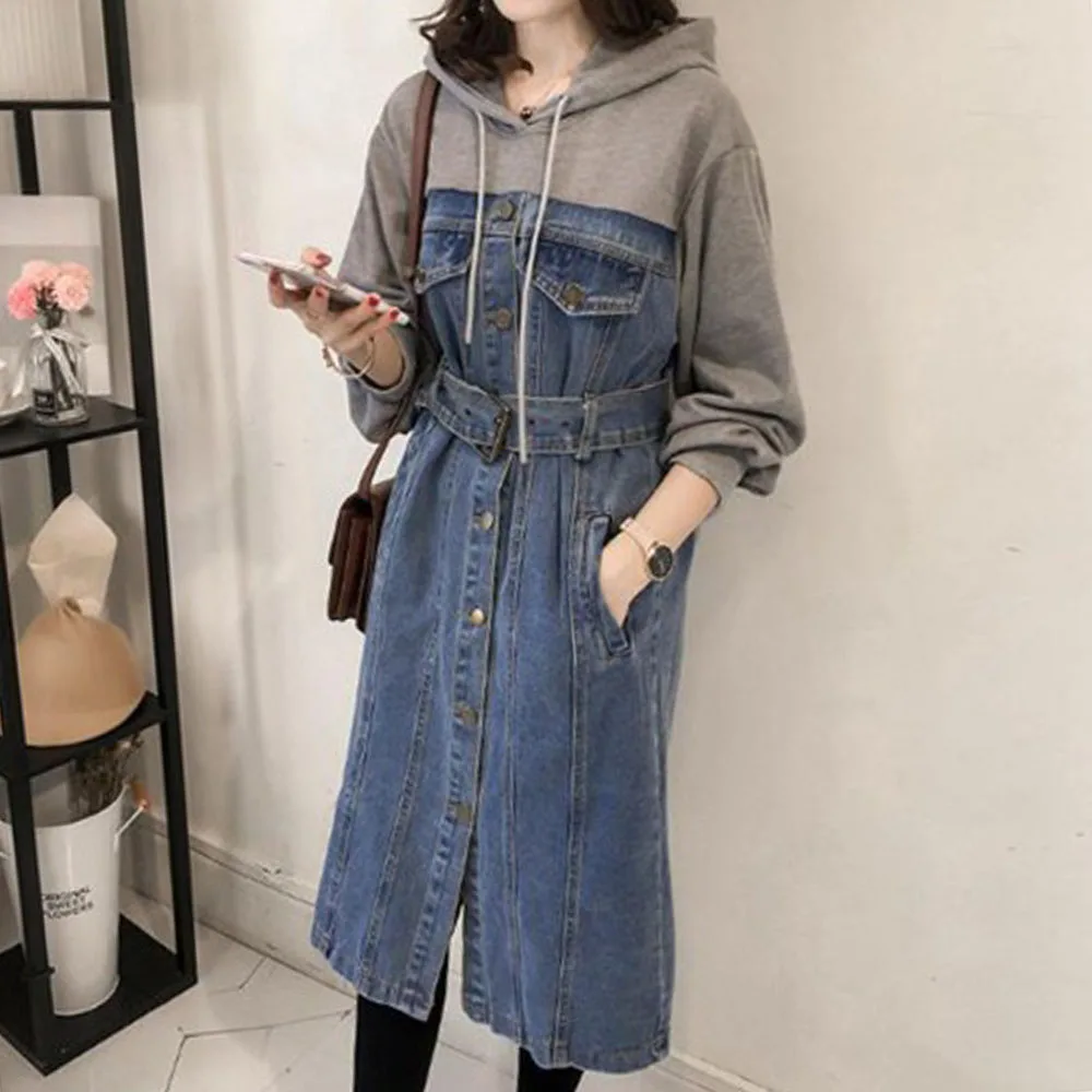 Korean Designer Fashion Women Dress Spring Autumn Long Sleeve Fake Two Piece Denim Patchwork Belted Hooded Long Dresses
Korean Designer Fashion Women Dress Spring Autumn Long Sleeve Fake Two Piece Denim Patchwork Belted Hooded Long Dresses